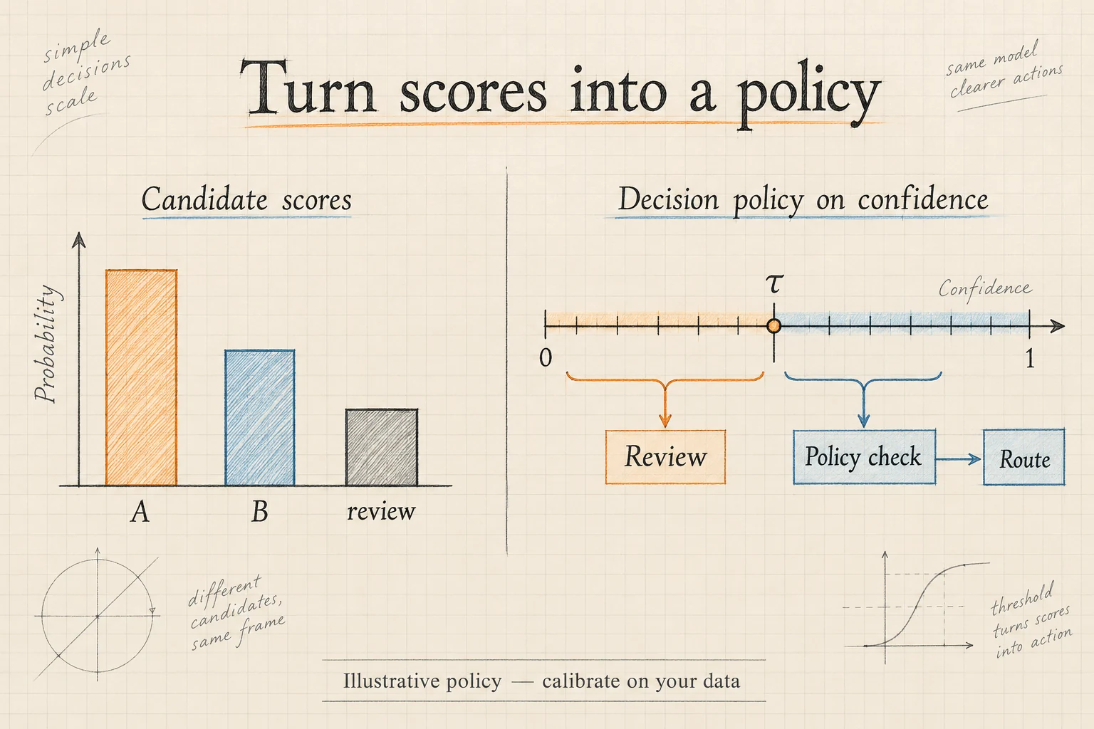 Mathematical sketch of probability thresholds, review coverage, and calibration against observed correctness