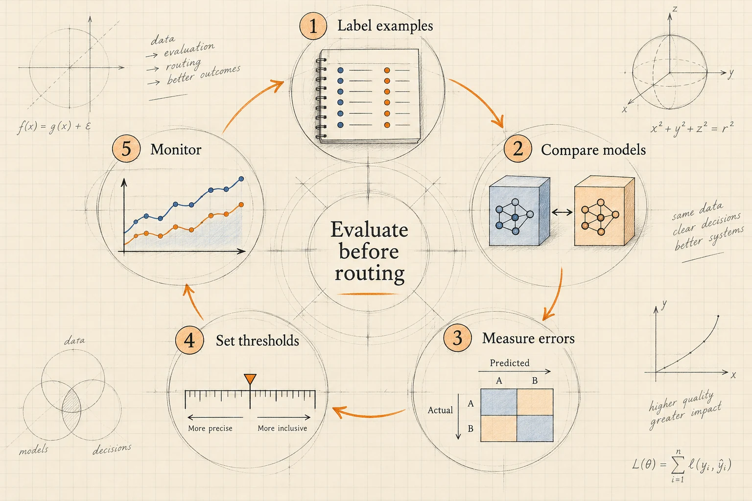 Hand-drawn evaluation loop linking labeled examples, model comparisons, error measurement, threshold selection, and monitoring