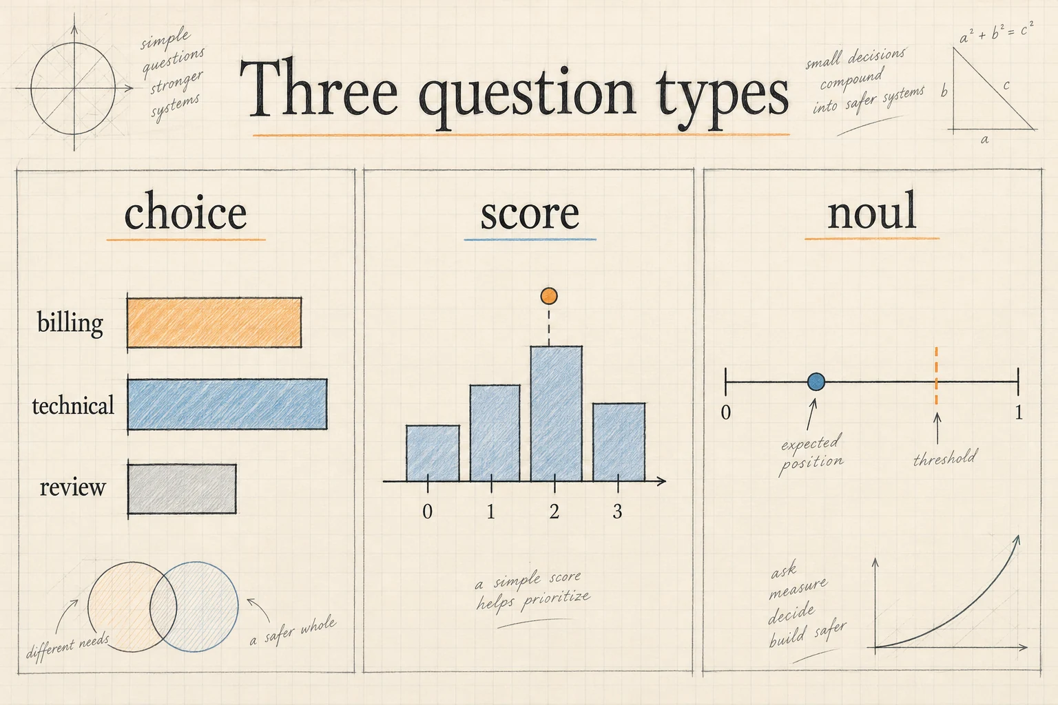 Notebook sketch comparing a choice probability distribution, a noul yes probability, and an ordered score rubric