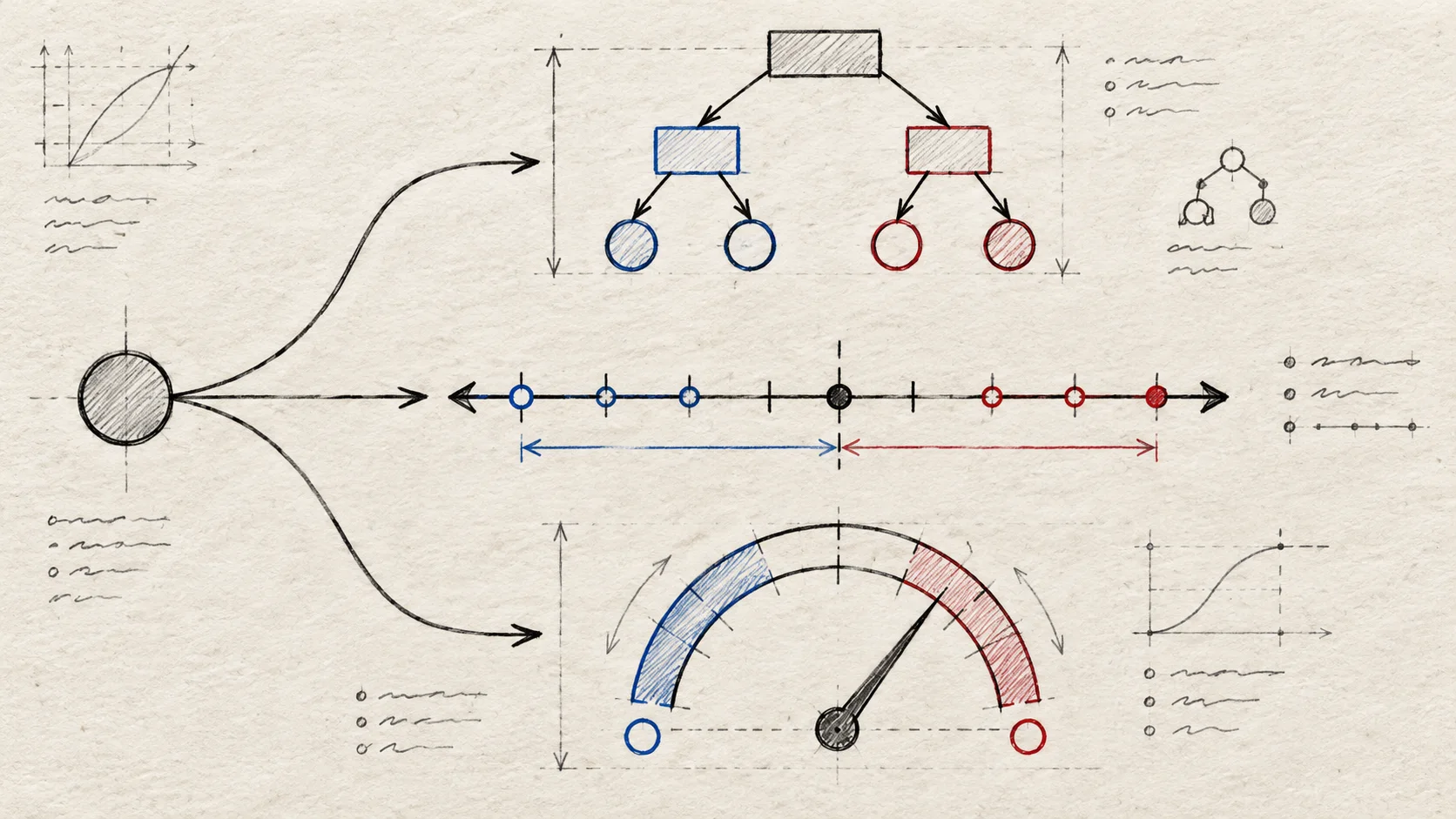 Hand-drawn diagram of Jev AI Choice, Score, and Noul question types