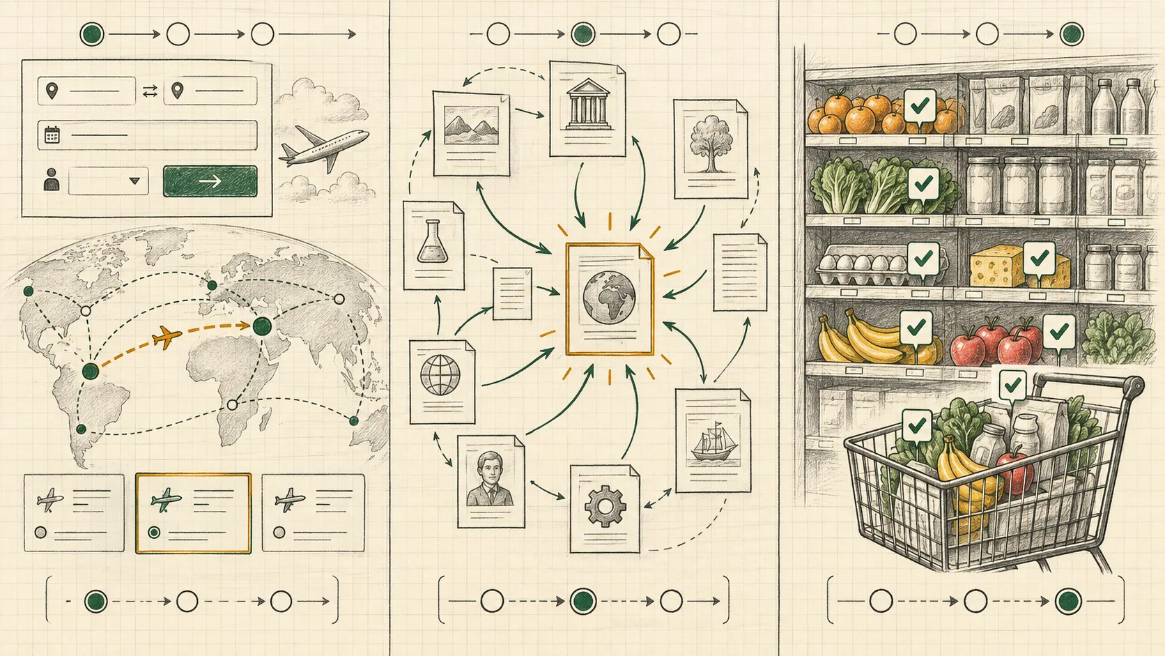 Mathematical triptych showing flight-form choices, a wiki link graph, and constrained grocery selection