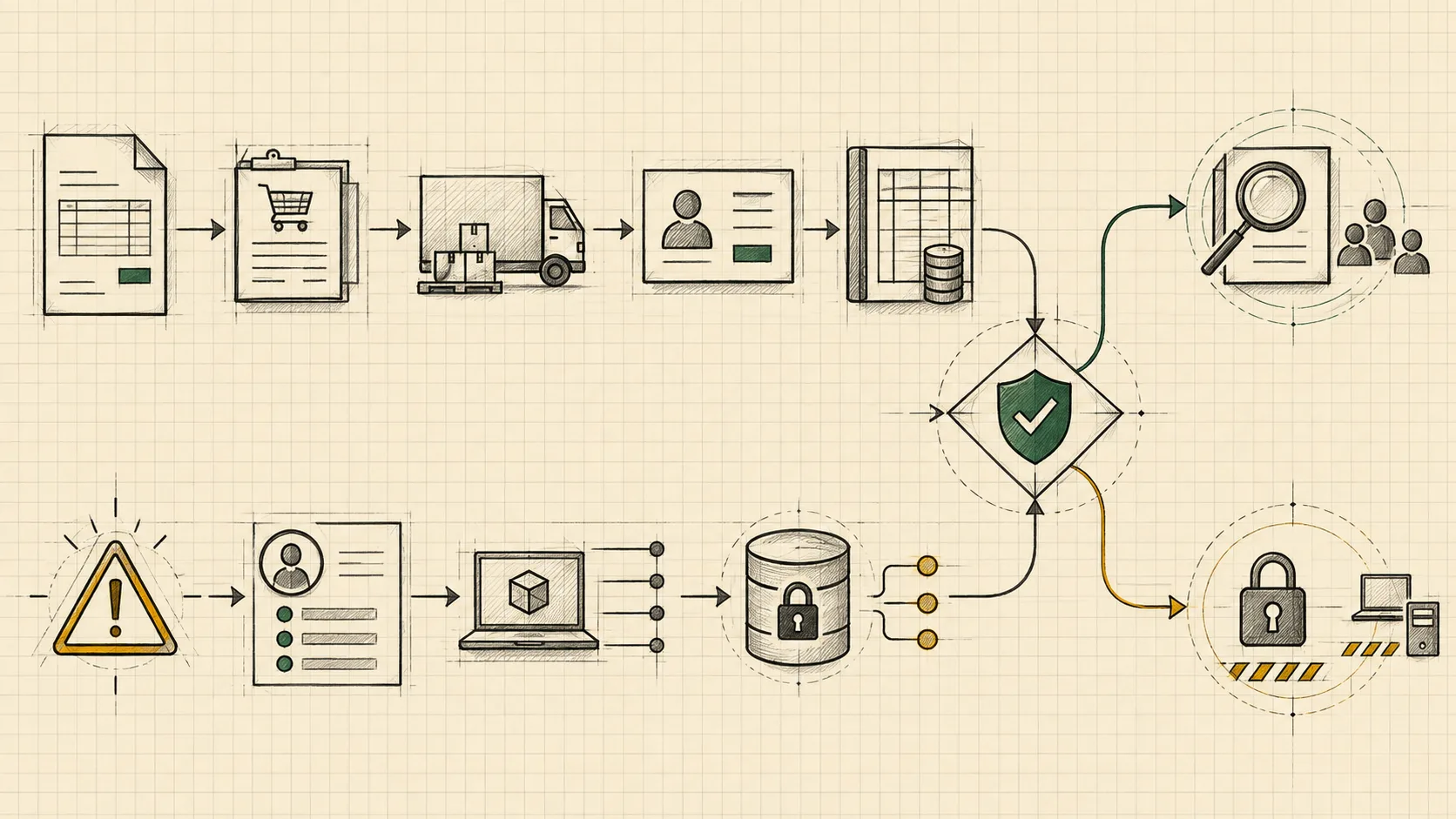 Evidence-first mathematical sketch of invoice records and security signals converging on policy gates