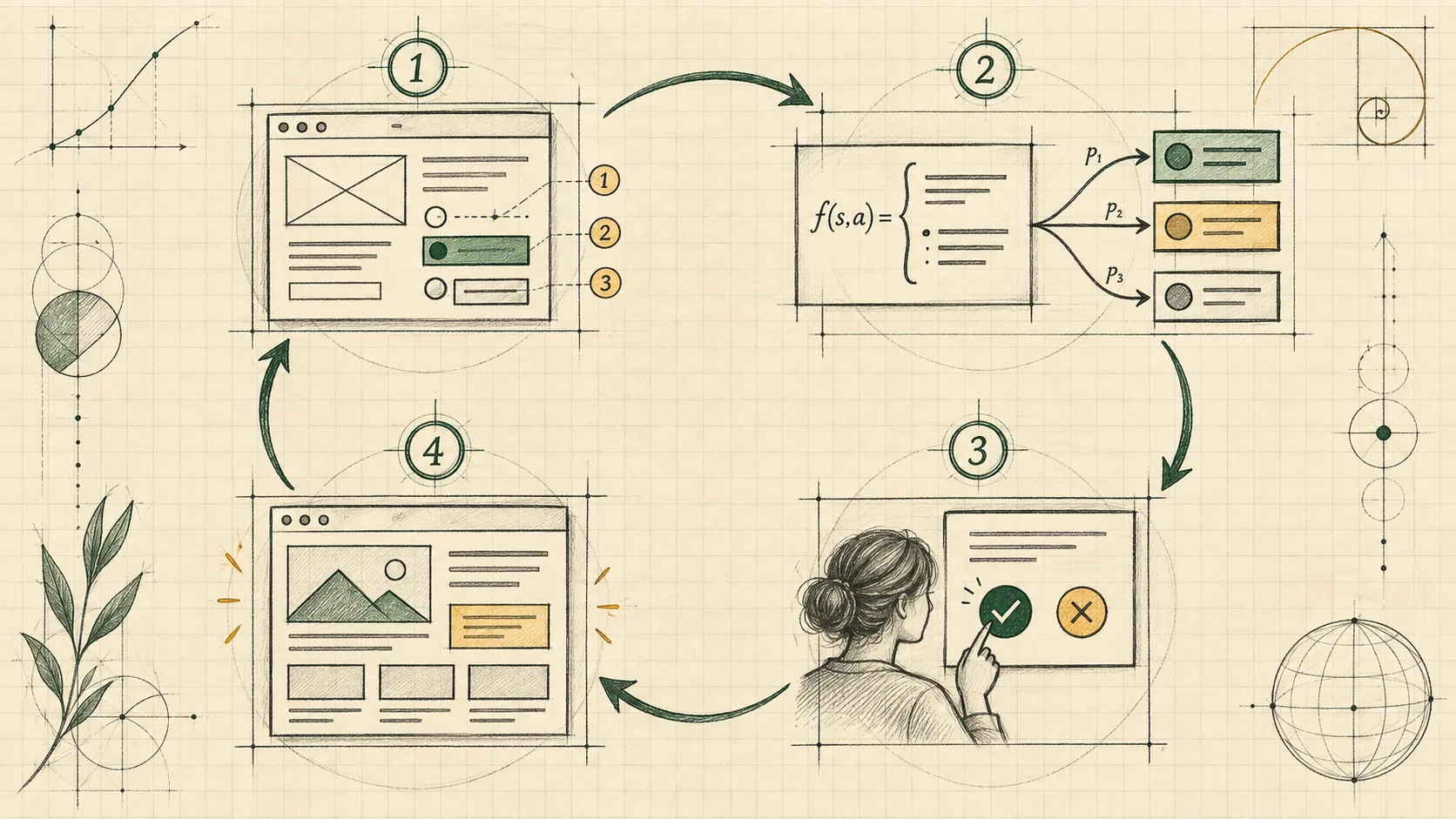 Mathematical sketch of a simulated page, a typed Jev decision, human approval, and the next page state