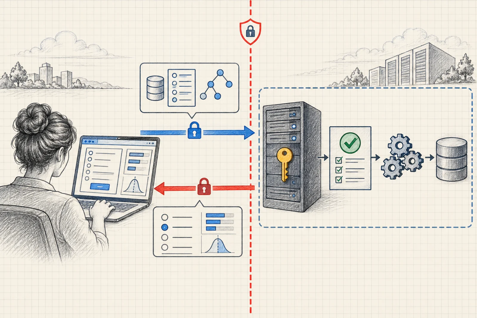 Skizze eines API-Aufrufs über eine Servergrenze mit validierten Entscheidungsdaten