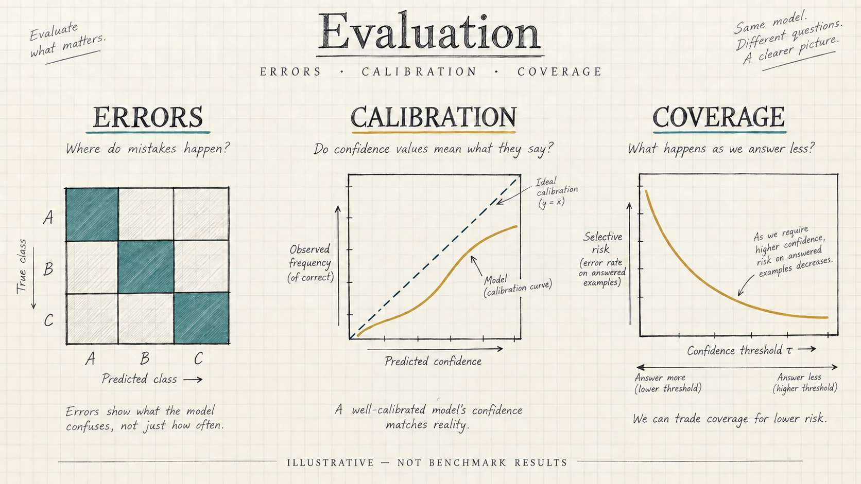 Mathematical sketches of a confusion matrix, calibration plot, and selective-risk curve, all illustrative rather than benchmark results