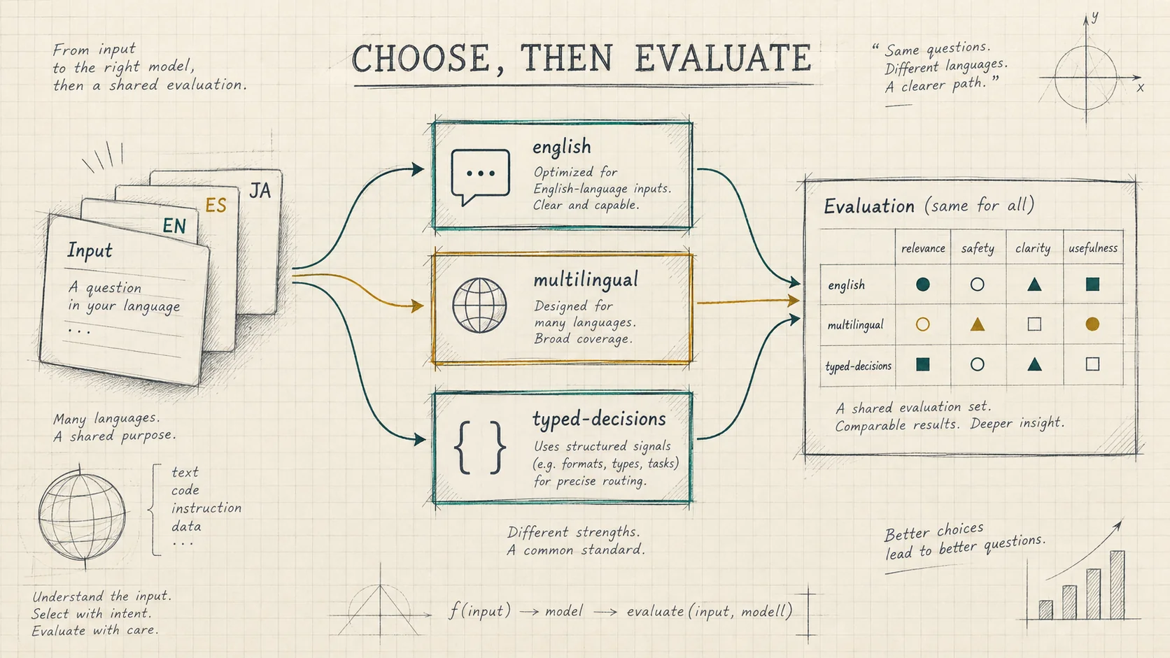 Mathematical decision tree connecting language inputs and three Laya model candidates to an evaluation grid