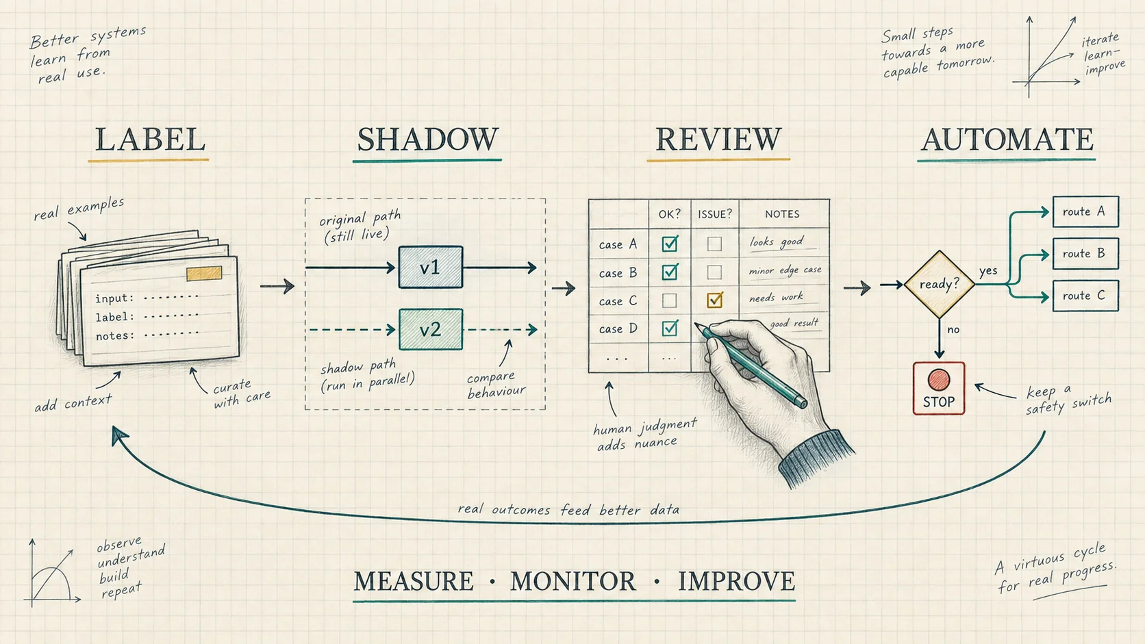 Mathematical notebook sketch of a Laya workflow progressing through labeling, shadow evaluation, review, and controlled automation