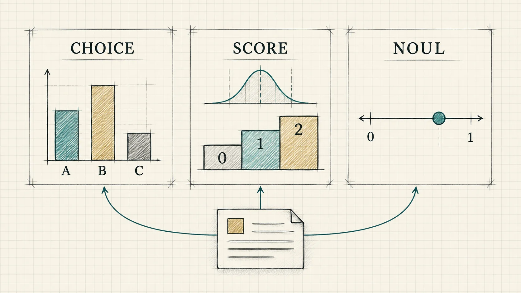 Mathematical sketch comparing Laya choice distributions, ordered scores, and yes-or-no probabilities