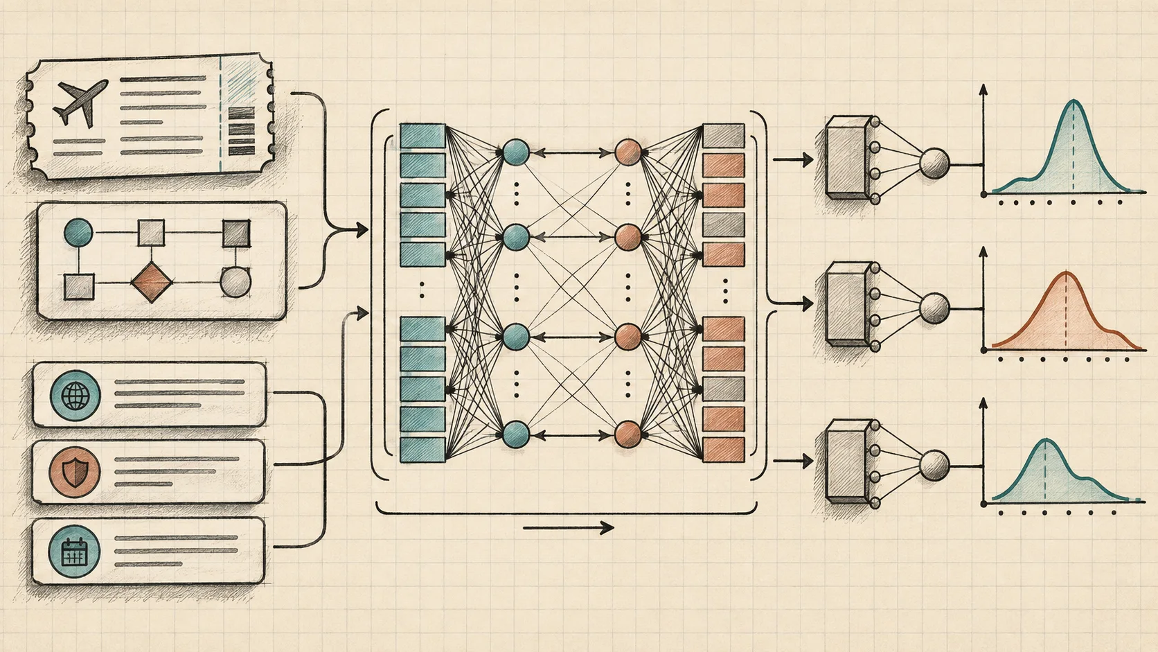 Mathematical sketch of a bidirectional encoder and probabilistic decision heads