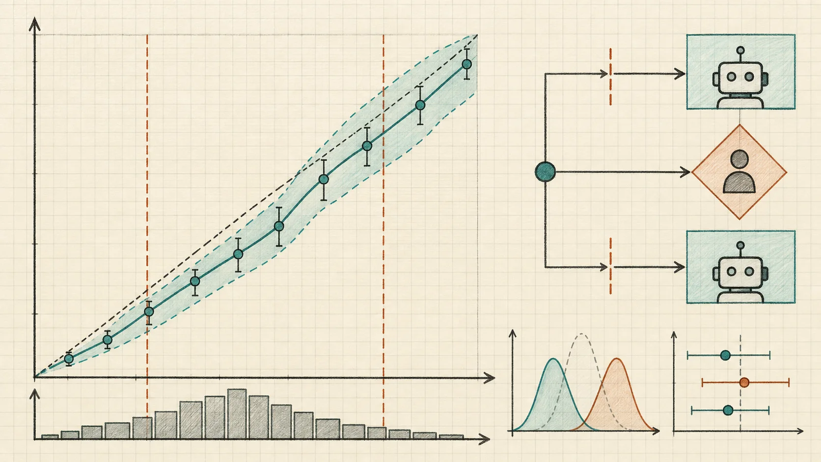 Mathematical sketch of reliability, uncertainty, and human-review thresholds