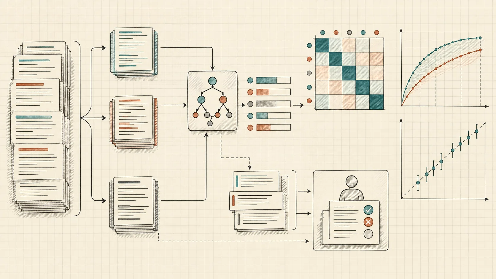 Mathematical sketch of labeled data, a held-out test, metrics, and review